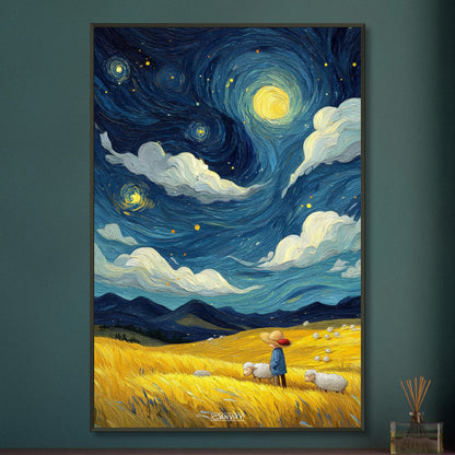 Gemälde von einem Kind und Hausschafen im Stil von Vincent van Gogh auf einem Poster im Metallrahmen