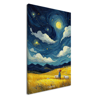 Gemälde von einem Kind und Hausschafen im Stil von Vincent van Gogh auf einer Leinwand