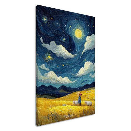 Gemälde von einem Kind und Hausschafen im Stil von Vincent van Gogh auf einer Leinwand