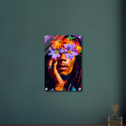 Bob Marley im Stil von Nashid Chroma und inspiriert vom Album Cover Legend mit Blumen um die Augen auf einem Acrylbild