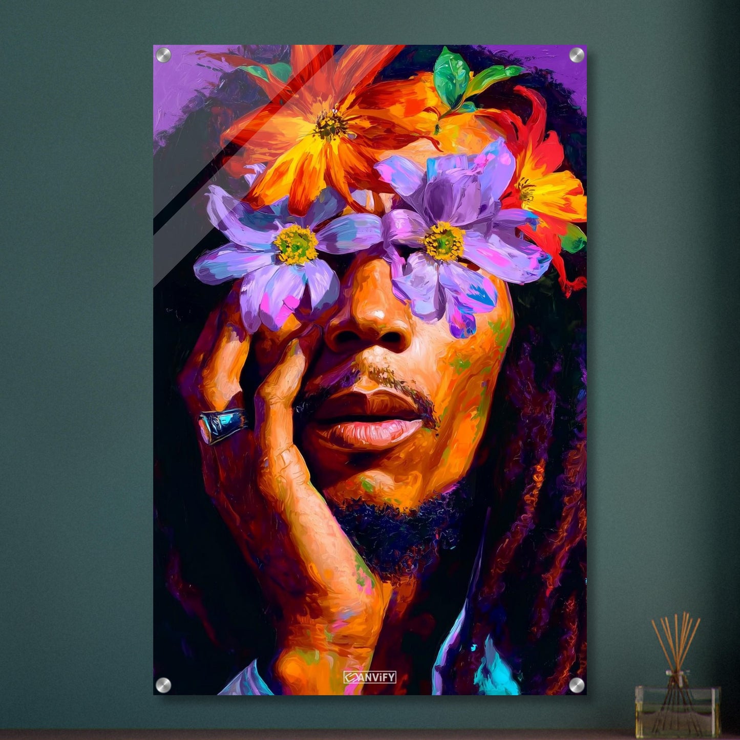 Bob Marley im Stil von Nashid Chroma und inspiriert vom Album Cover Legend mit Blumen um die Augen auf einem Acrylbild
