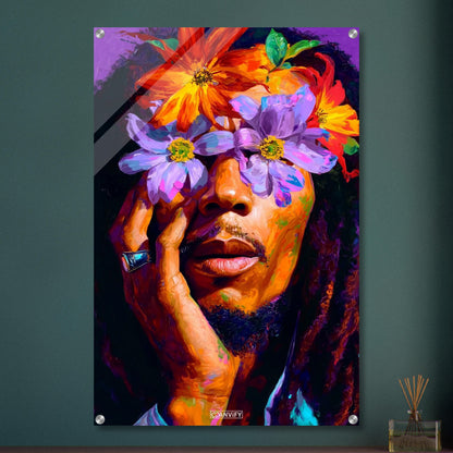 Bob Marley im Stil von Nashid Chroma und inspiriert vom Album Cover Legend mit Blumen um die Augen auf einem Acrylbild