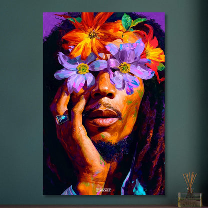 Bob Marley im Stil von Nashid Chroma und inspiriert vom Album Cover Legend mit Blumen um die Augen auf Aluminium