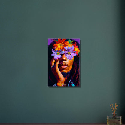 Bob Marley im Stil von Nashid Chroma und inspiriert vom Album Cover Legend mit Blumen um die Augen auf einer Leinwand
