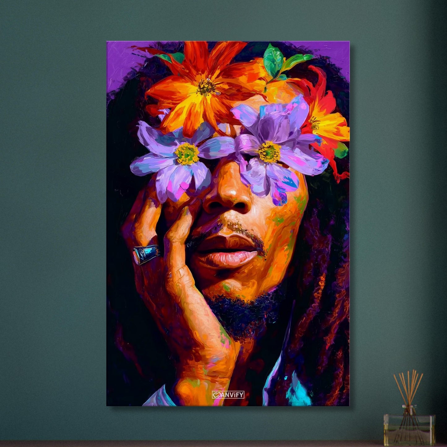 Bob Marley im Stil von Nashid Chroma und inspiriert vom Album Cover Legend mit Blumen um die Augen auf einer Leinwand