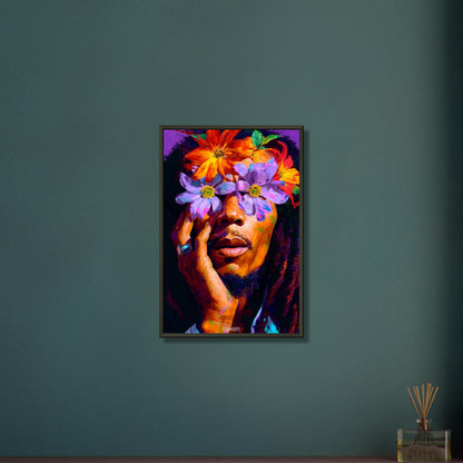 Bob Marley im Stil von Nashid Chroma und inspiriert vom Album Cover Legend mit Blumen um die Augen auf einem Poster im Metallrahmen