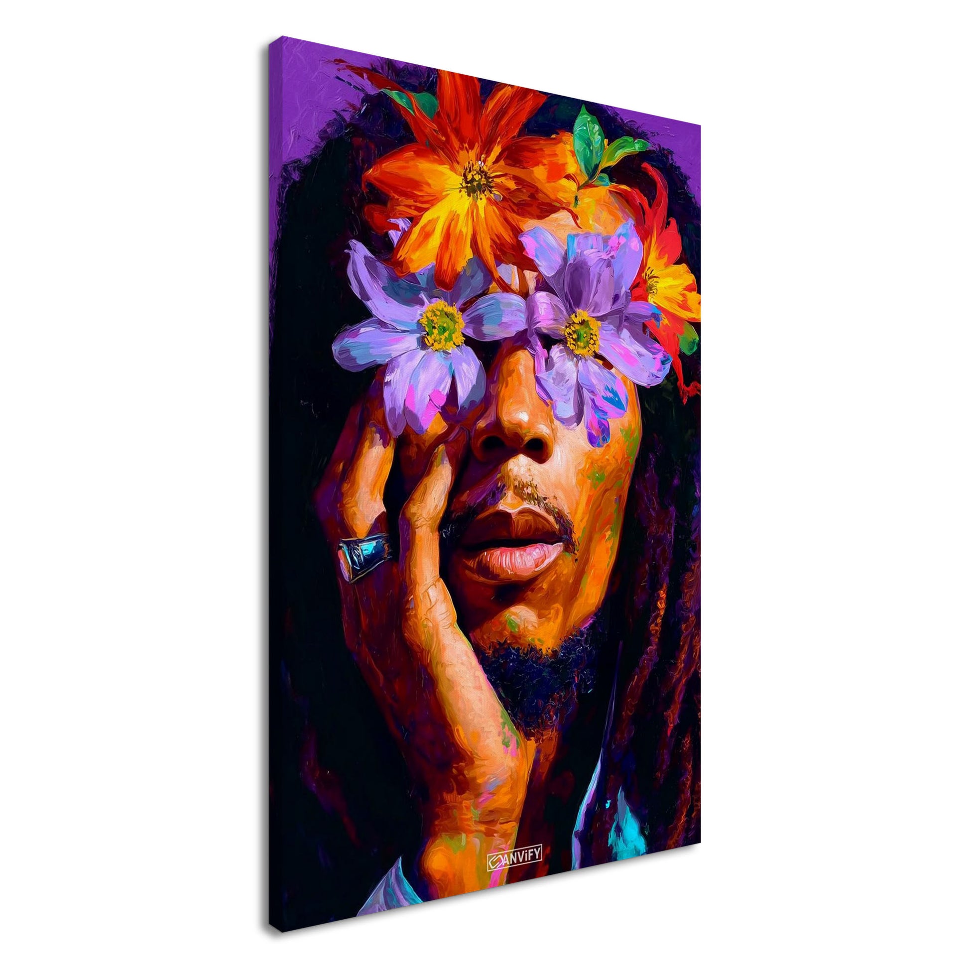 Bob Marley im Stil von Nashid Chroma und inspiriert vom Album Cover Legend mit Blumen um die Augen auf einer Leinwand