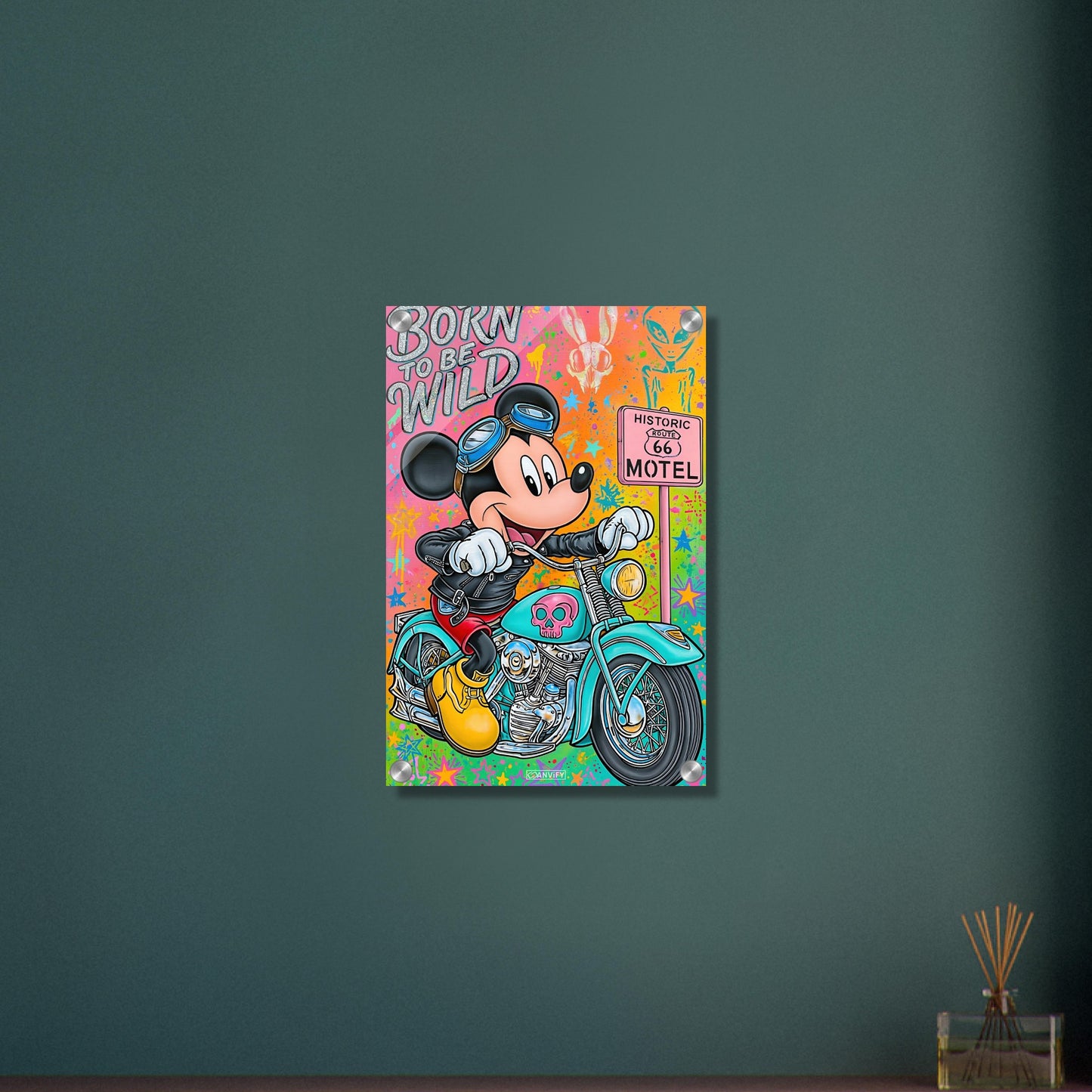 Steamboat Willie alias Micky Maus im Rocker Outfit auf einer Chopper und einem Route 66 Schild im Pop Art Stil auf einem Acrylbild