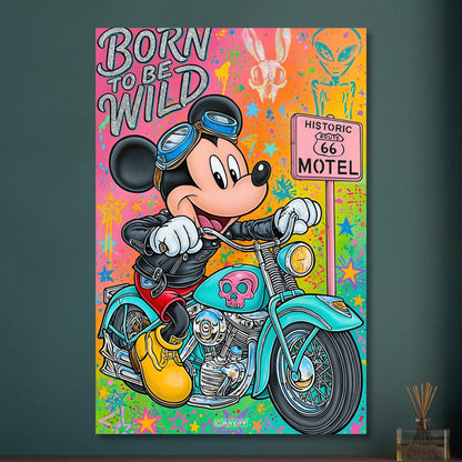 Steamboat Willie alias Micky Maus im Rocker Outfit auf einer Chopper und einem Route 66 Schild im Pop Art Stil auf Aluminium