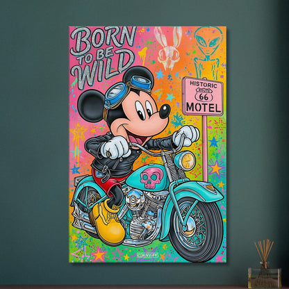Steamboat Willie alias Micky Maus im Rocker Outfit auf einer Chopper und einem Route 66 Schild im Pop Art Stil auf einer Leinwand