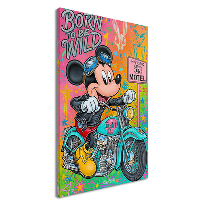 Steamboat Willie alias Micky Maus im Rocker Outfit auf einer Chopper und einem Route 66 Schild im Pop Art Stil auf einer Leinwand