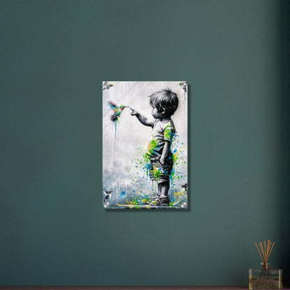 Junge im Banksy Stil berührt einen Kolibri auf einem Acrylbild