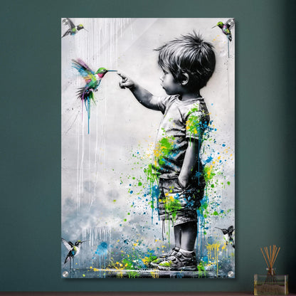 Junge im Banksy Stil berührt einen Kolibri auf einem Acrylbild