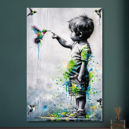 Junge im Banksy Stil berührt einen Kolibri auf Aluminium