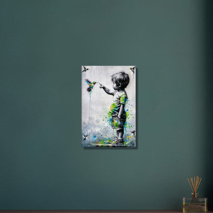 Junge im Banksy Stil berührt einen Kolibri auf einer Leinwand