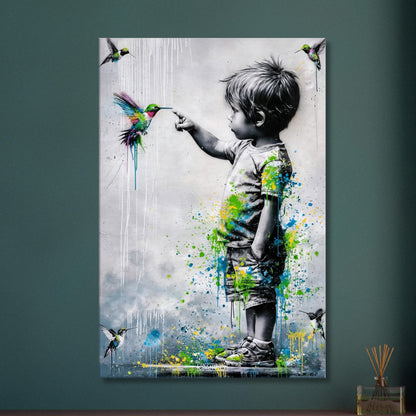 Junge im Banksy Stil berührt einen Kolibri auf einer Leinwand