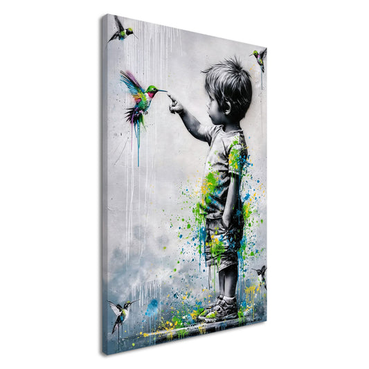 Junge im Banksy Stil berührt einen Kolibri auf einer Leinwand