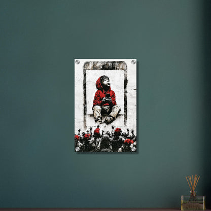 Junge mit roter Jacke und Kapuze gefangen im Smartphone mit eigenem Smartphone in der Hand im Banksy Stil auf einem Acrylbild