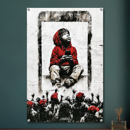 Junge mit roter Jacke und Kapuze gefangen im Smartphone mit eigenem Smartphone in der Hand im Banksy Stil auf einem Acrylbild