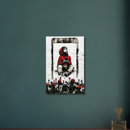 Junge mit roter Jacke und Kapuze gefangen im Smartphone mit eigenem Smartphone in der Hand im Banksy Stil auf Aluminium