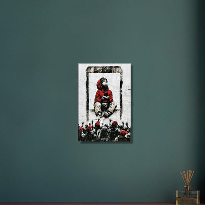 Junge mit roter Jacke und Kapuze gefangen im Smartphone mit eigenem Smartphone in der Hand im Banksy Stil auf einer Leinwand