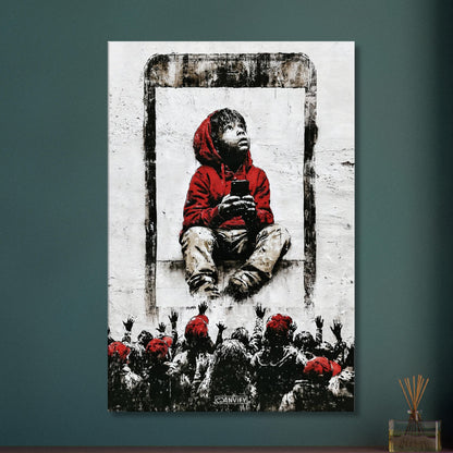 Junge mit roter Jacke und Kapuze gefangen im Smartphone mit eigenem Smartphone in der Hand im Banksy Stil auf einer Leinwand