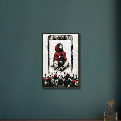 Junge mit roter Jacke und Kapuze gefangen im Smartphone mit eigenem Smartphone in der Hand im Banksy Stil auf einem Poster im Metallrahmen