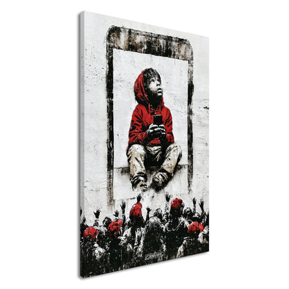 Junge mit roter Jacke und Kapuze gefangen im Smartphone mit eigenem Smartphone in der Hand im Banksy Stil auf einer Leinwand