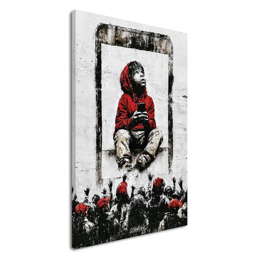 Junge mit roter Jacke und Kapuze gefangen im Smartphone mit eigenem Smartphone in der Hand im Banksy Stil auf einer Leinwand
