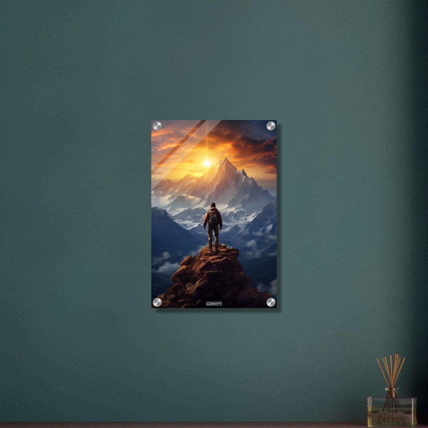 Reinhold Messner auf dem Gipfel vom Himalaya malerisch dargestellt auf einem Acrylbild