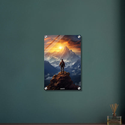 Reinhold Messner auf dem Gipfel vom Himalaya malerisch dargestellt auf einem Acrylbild