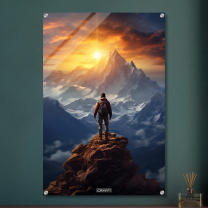 Reinhold Messner auf dem Gipfel vom Himalaya malerisch dargestellt auf einem Acrylbild
