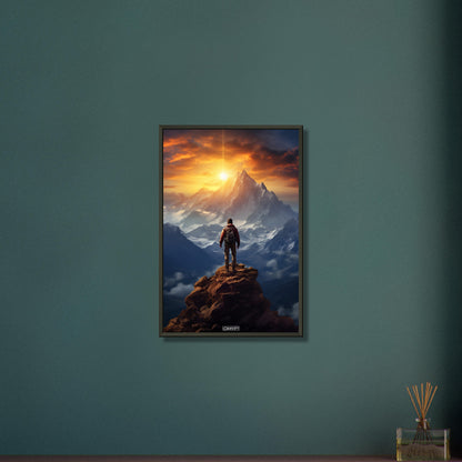 Reinhold Messner auf dem Gipfel vom Himalaya malerisch dargestellt auf einem Poster im Metallrahmen