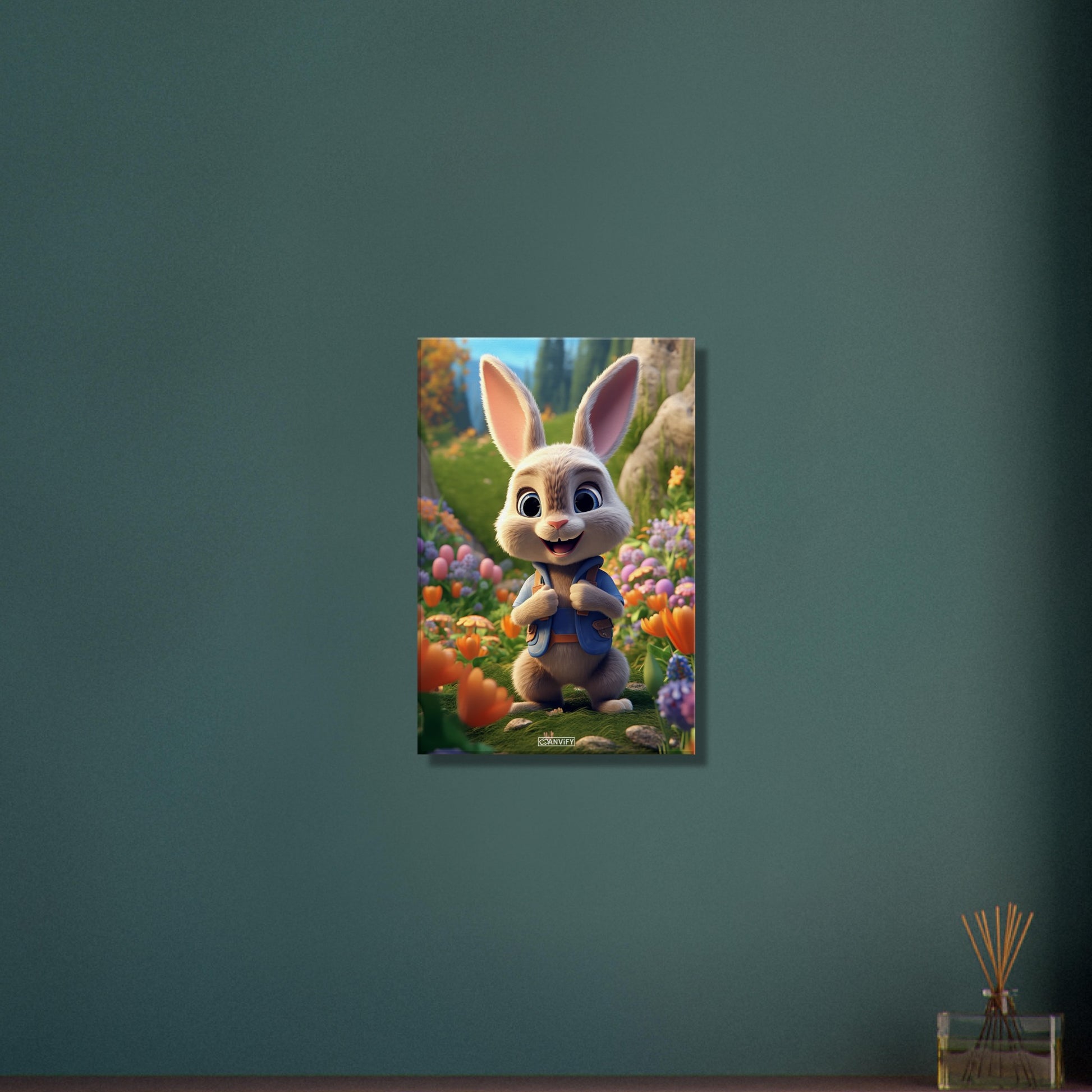 Kaninchen mit bunten Blumen malerisch dargestellt auf einer Leinwand