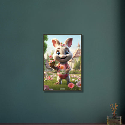 Weibliches Kaninchen mit Blumen malerisch dargestellt auf einem Poster im Metallrahmen