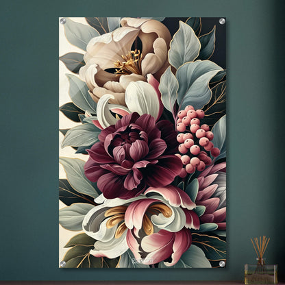 Blumenstrauß in Burgunderrot im Ölfarbenstil auf einem Acrylbild