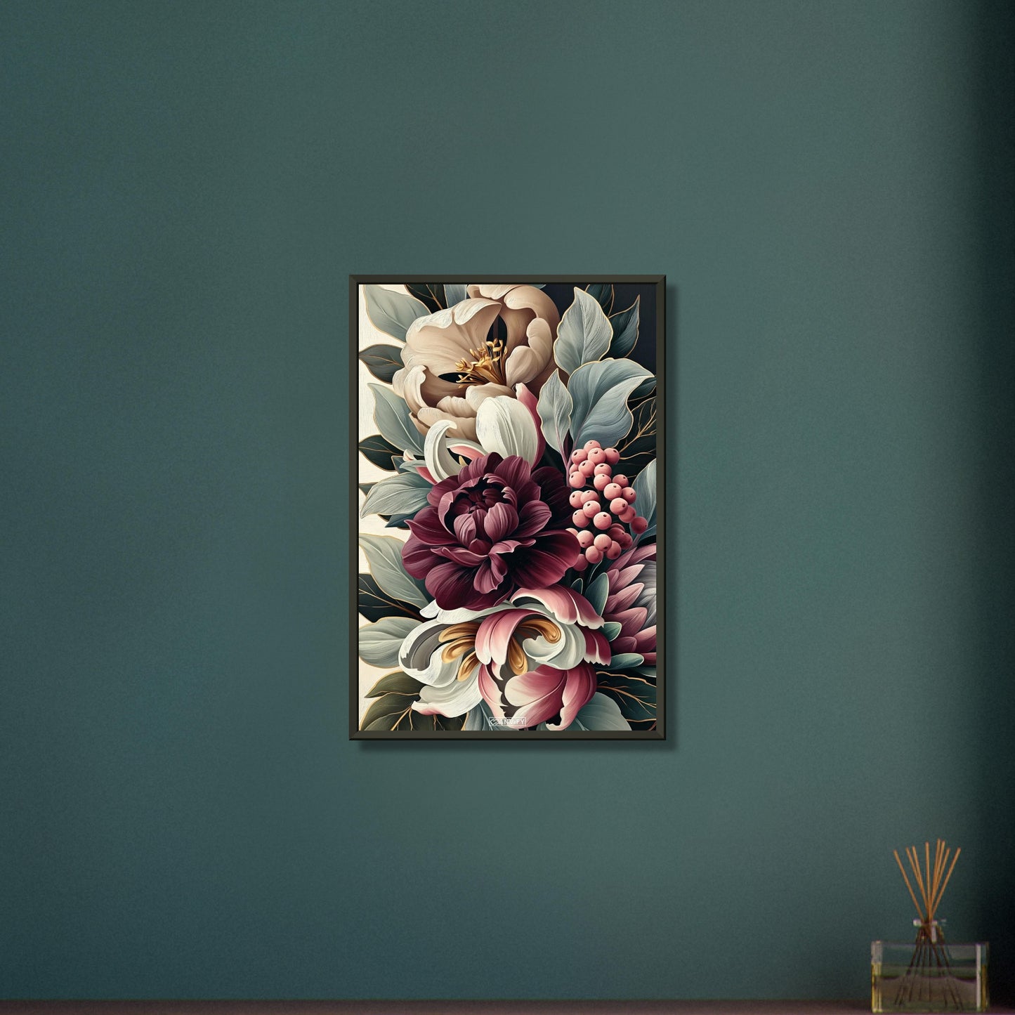 Blumenstrauß in Burgunderrot im Ölfarbenstil auf einem Poster im Metallrahmen