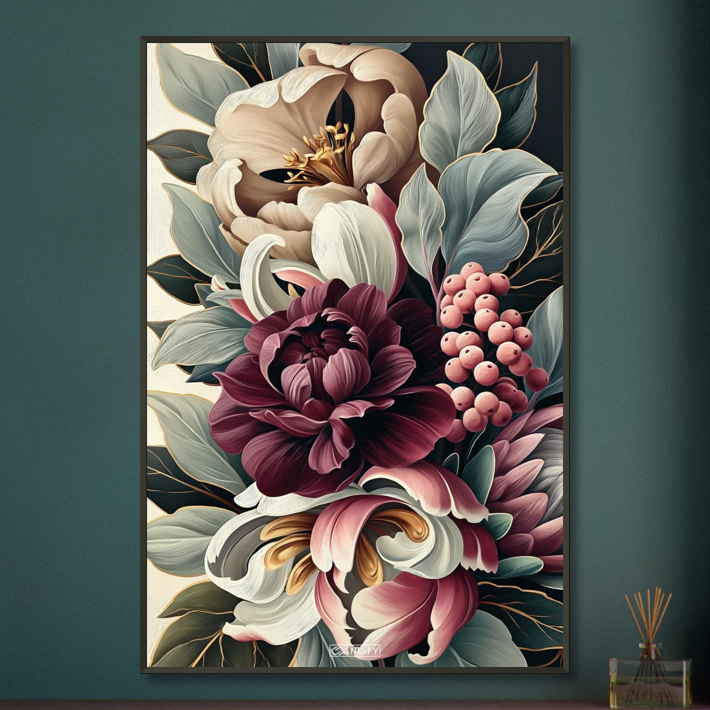 Blumenstrauß in Burgunderrot im Ölfarbenstil auf einem Poster im Metallrahmen