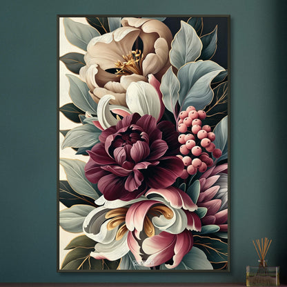 Blumenstrauß in Burgunderrot im Ölfarbenstil auf einem Poster im Metallrahmen