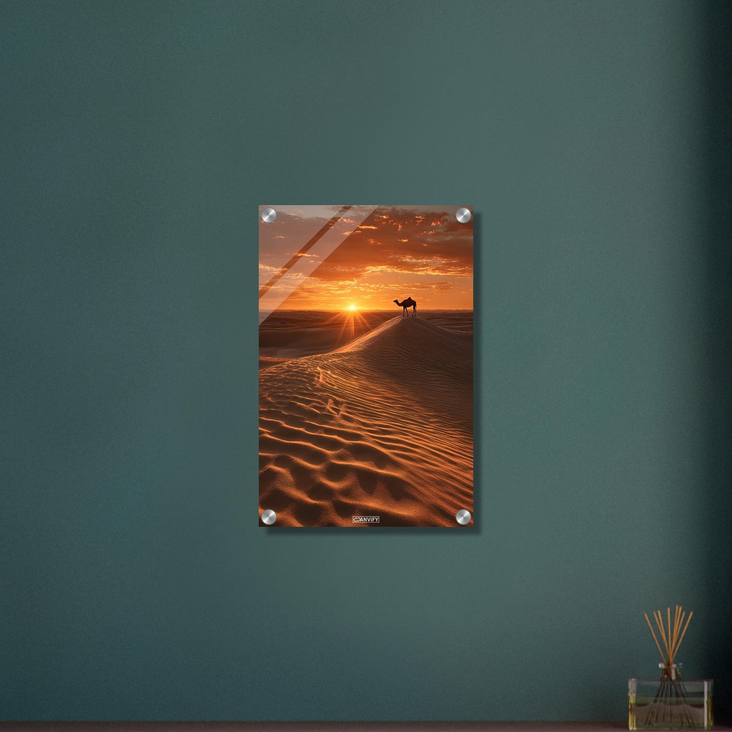 Dromedar in der Wüste im Sonnteruntergang auf einem Acrylbild