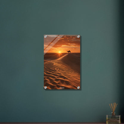 Dromedar in der Wüste im Sonnteruntergang auf einem Acrylbild
