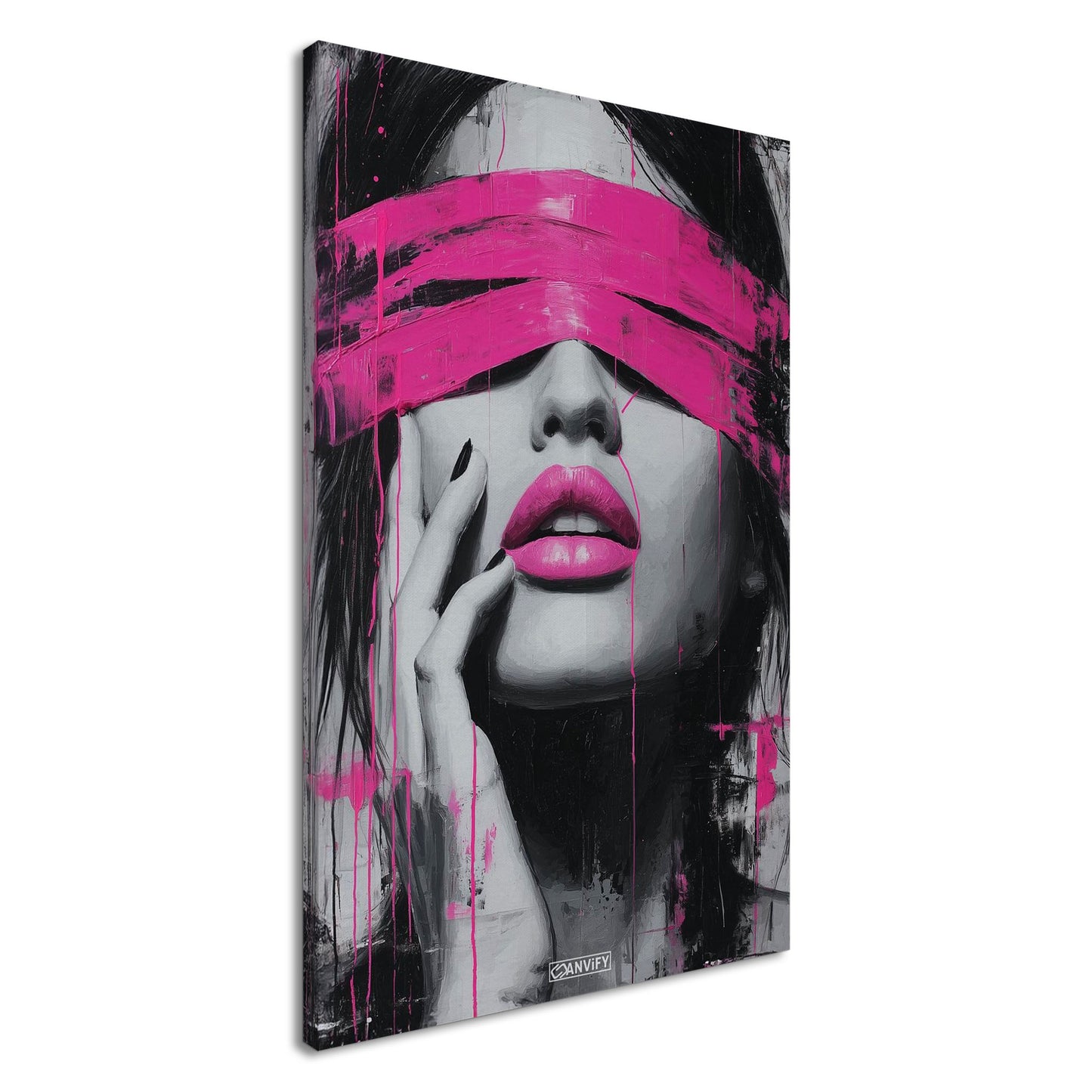 Frau mit verbundenen Augen und pinken Lippen auf einer Leinwand