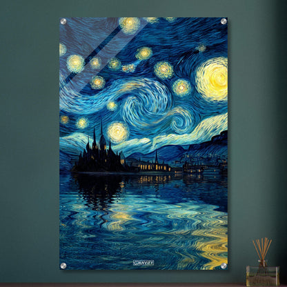 Gemälde von einem Schloss und Sternenhimmel im Stil von Vincent van Gogh auf einem Acrylbild