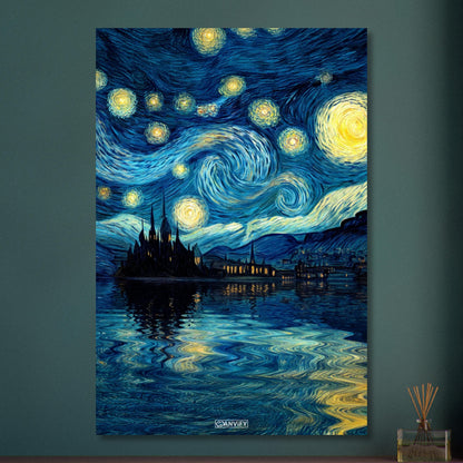 Gemälde von einem Schloss und Sternenhimmel im Stil von Vincent van Gogh auf Aluminium
