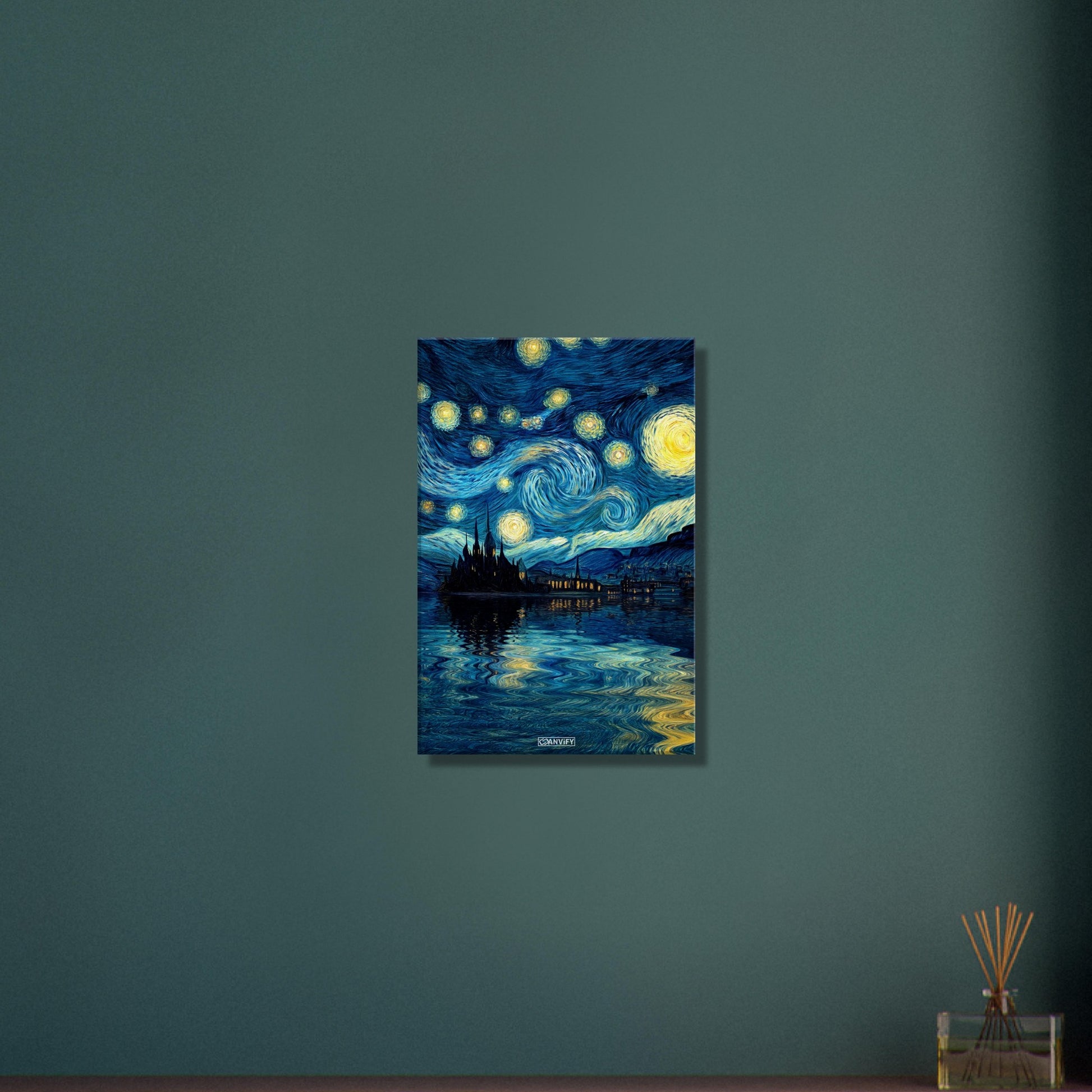 Gemälde von einem Schloss und Sternenhimmel im Stil von Vincent van Gogh auf einer Leinwand