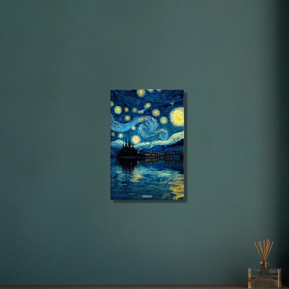 Gemälde von einem Schloss und Sternenhimmel im Stil von Vincent van Gogh auf einer Leinwand