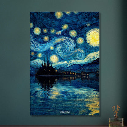 Gemälde von einem Schloss und Sternenhimmel im Stil von Vincent van Gogh auf einer Leinwand