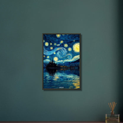 Gemälde von einem Schloss und Sternenhimmel im Stil von Vincent van Gogh auf einem Poster im Metallrahmen