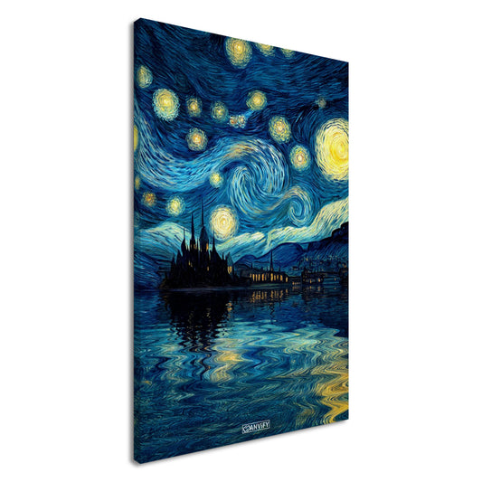 Gemälde von einem Schloss und Sternenhimmel im Stil von Vincent van Gogh auf einer Leinwand