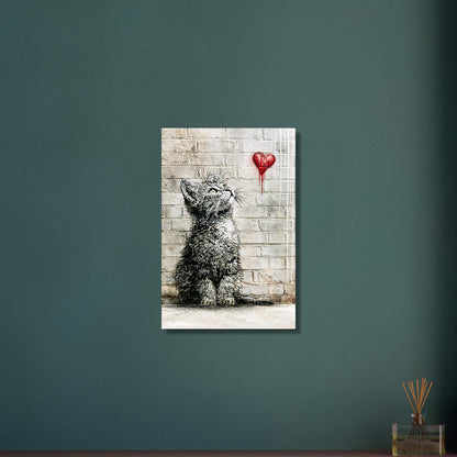Kleine Katze im Banksy Stil blickt auf ein rotes Herz hoch auf Aluminium